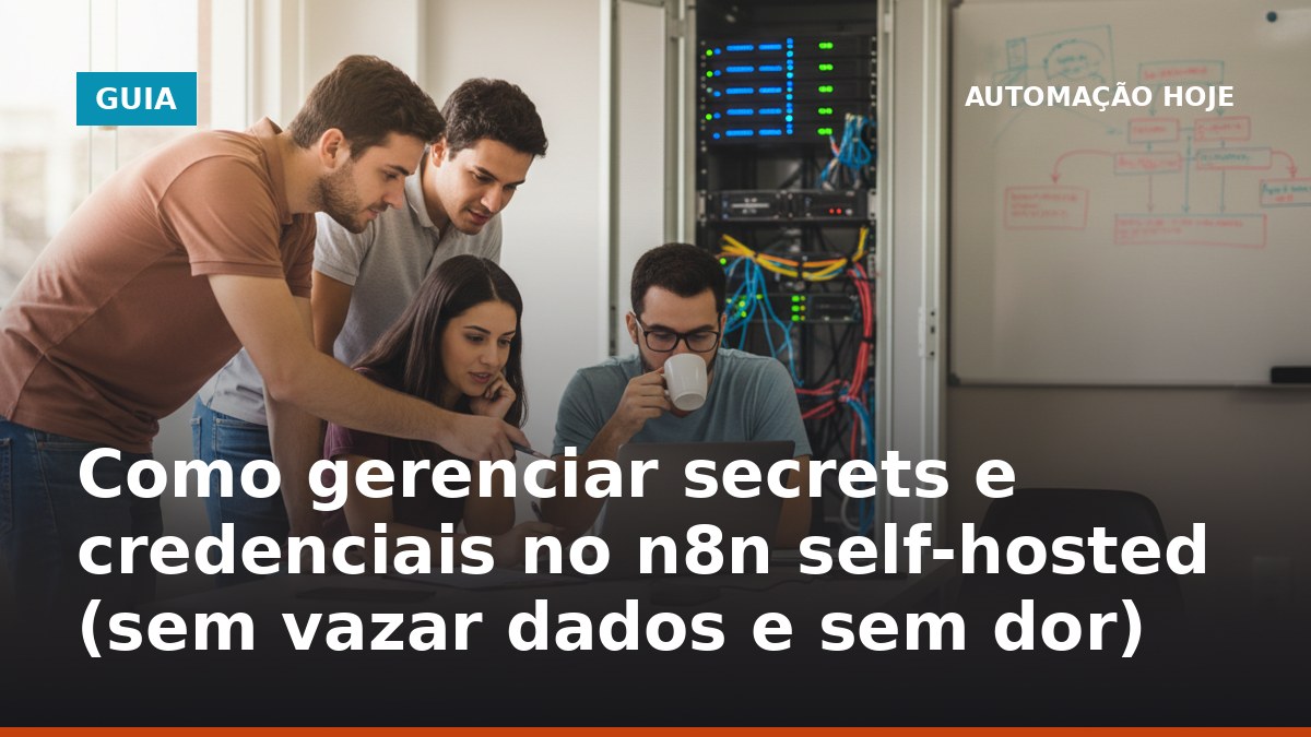 Equipe de TI configurando secrets e credenciais no n8n self-hosted com foco em segurança