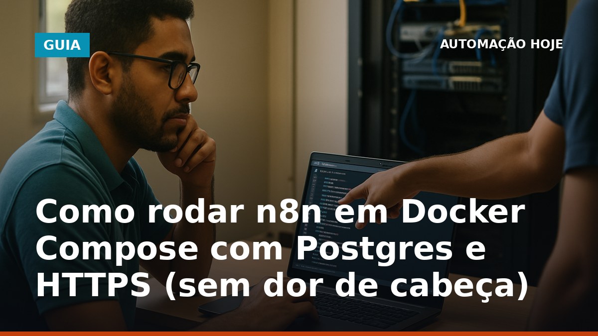 Profissional configurando n8n em Docker Compose com Postgres e HTTPS em um notebook