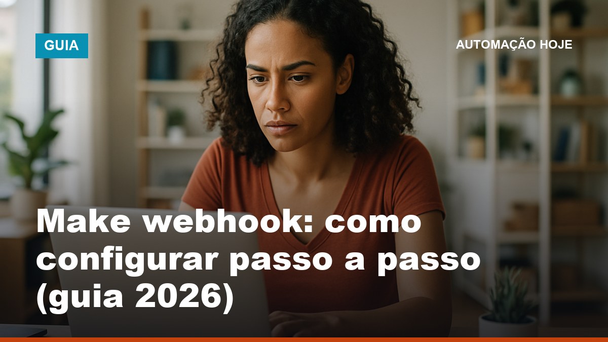 Profissional configurando um webhook no Make no notebook, tela do editor de cenários visível