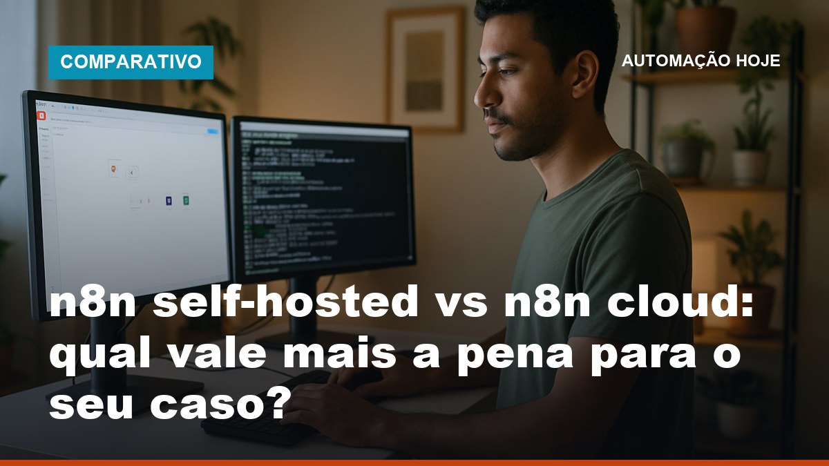 Desenvolvedor brasileiro comparando n8n cloud e self-hosted em dois monitores em home office moderno