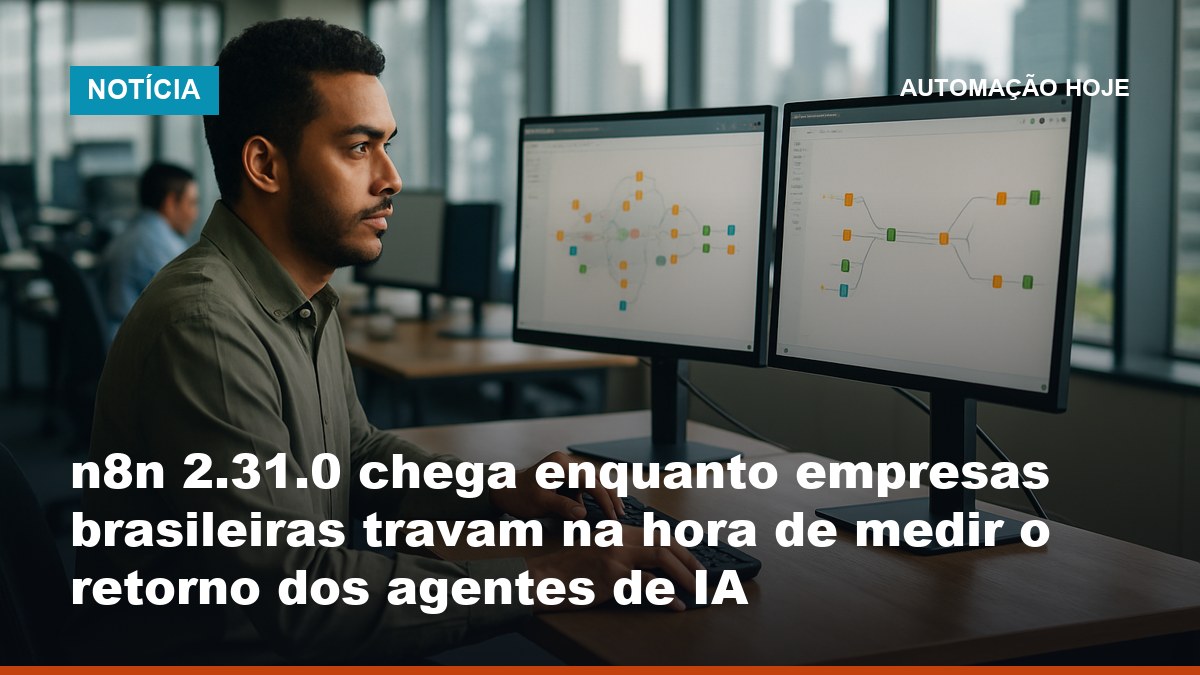 Profissional brasileiro analisando dashboard de execuções de agente de IA no n8n em escritório moderno