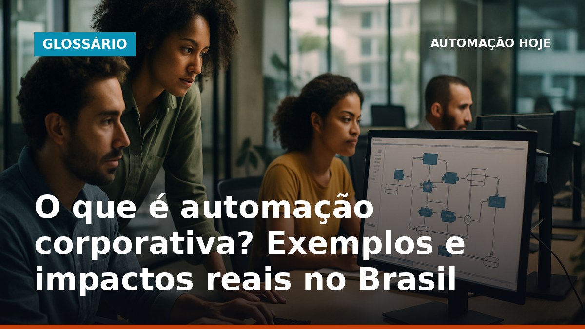 Profissionais brasileiros discutindo automação corporativa em escritório com fluxos de trabalho digitais.