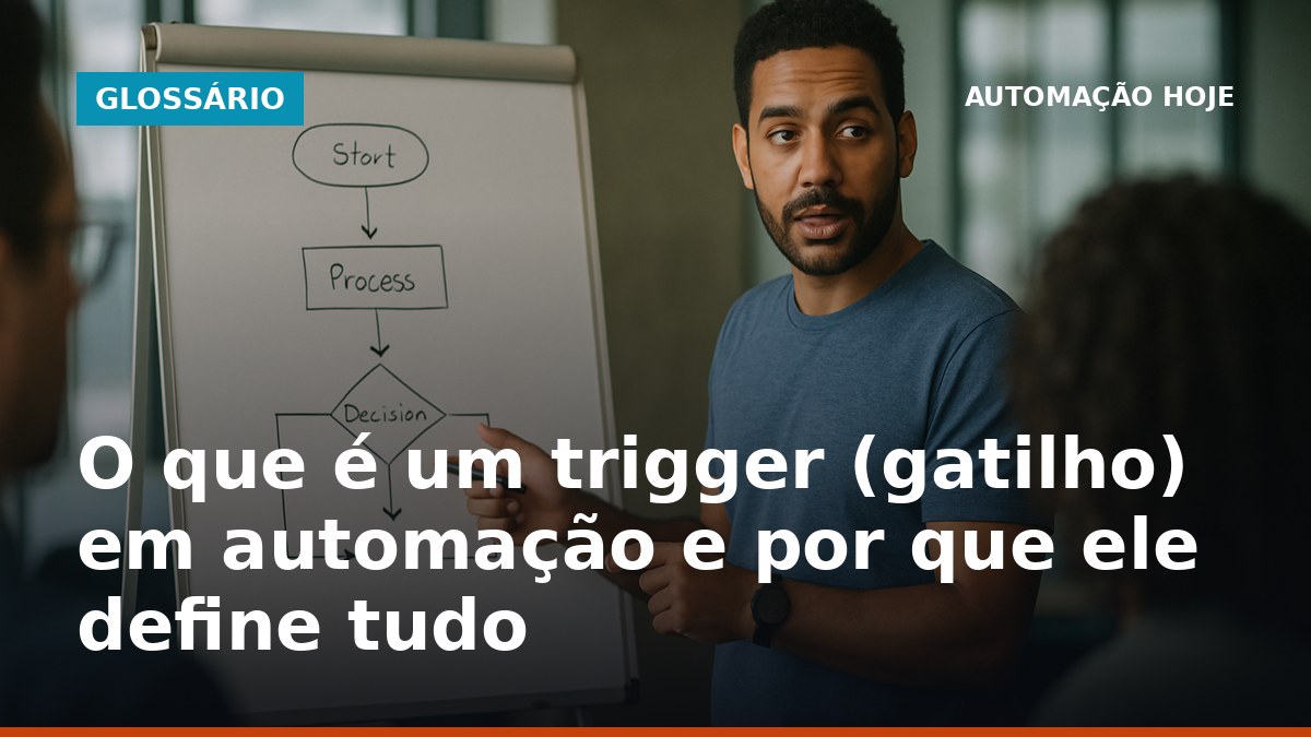 Profissional brasileiro explicando trigger de automação em quadro branco para equipe
